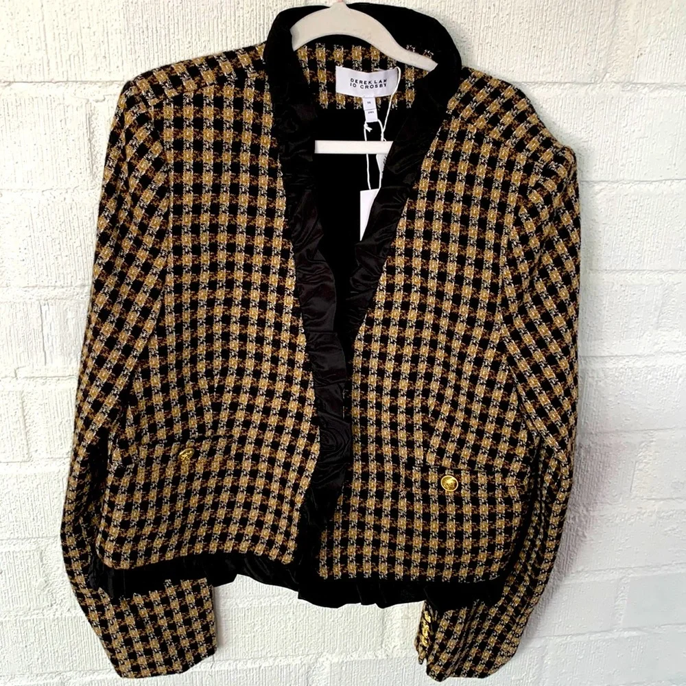 10 Crosby Derek Lam Tweed Checkered Black & Gold Ruffle Blazer size 16 - Picture 5 of 13